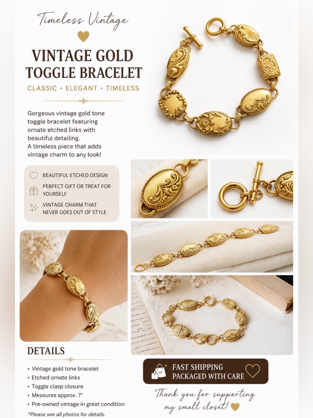 Vintage Ornate Gold-Tone Toggle Bracelet | Embossed Statement Jewelry